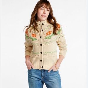 NWOT LL Bean Signature Cotton Fisherman Cardigan Sweater floral knit XL